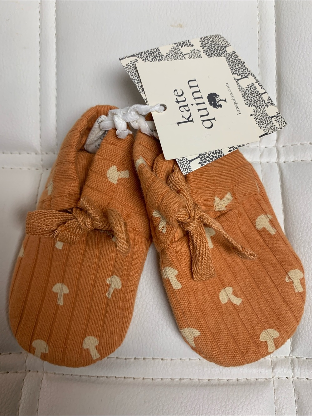 Kate Quinn Organic Cotton Brown Mushroom Print Baby Booties Unisex NWT